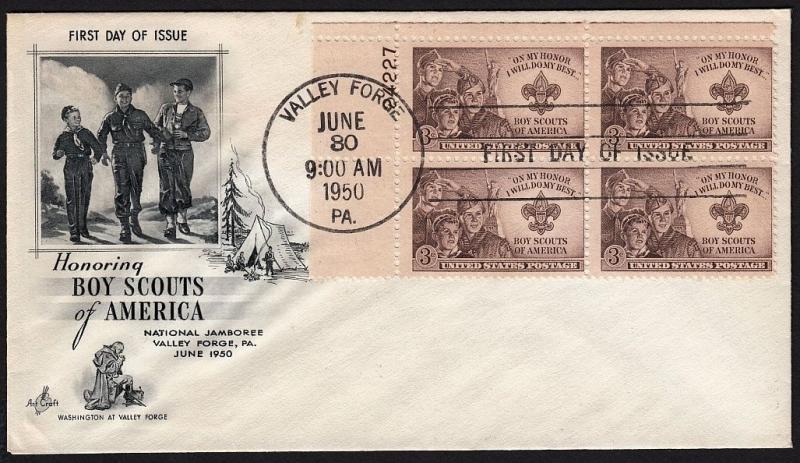 1950 Sc 995 FDC Boy Scouts, Artcraft cachet, plate block