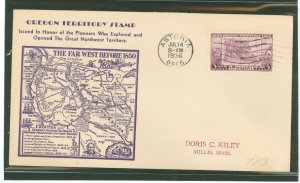 US 783 1936 3c Oregon Territory centennial (single) on an addressed first day cover with an Astorio, OR machine cancel with a Ka