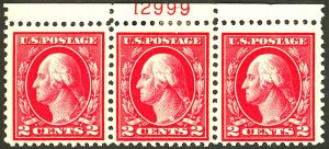 U.S. #499 MINT PL# STRIP OF 3 OG HR