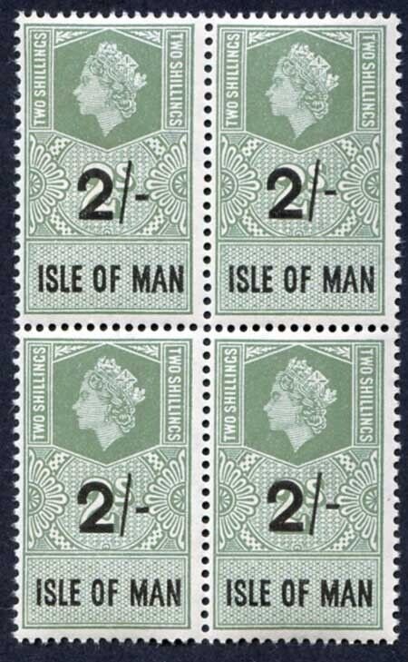 Isle of Man 1961 QEII 2/- on 2/- Revenue Stamp U/M Block of Four