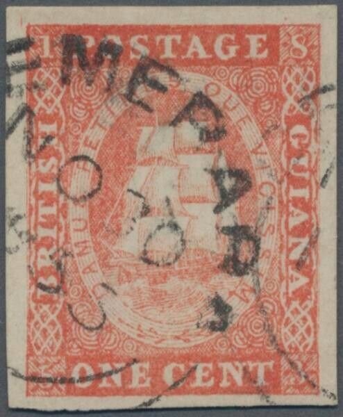 MOMEN: BRITISH GUIANA SG #11 IMPERF VERMILLION USED XF CERT £1,700 LOT #60100-1