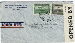 Costa Rica 1939 San Jose cancel on airmail cover to DENMARK, British censor tape