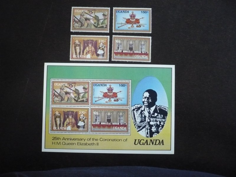 Stamps-Uganda -Scott#215-218a-Mint Never Hinged Set of 4+Souvenir Sheet