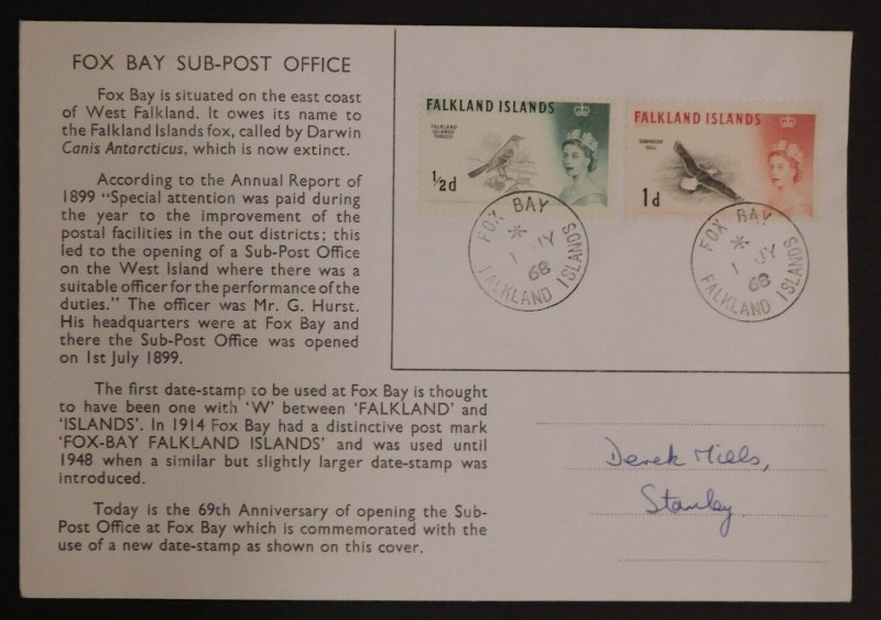 1968 Fox bay Falkland Islands Cover To Stanley Sub post Office