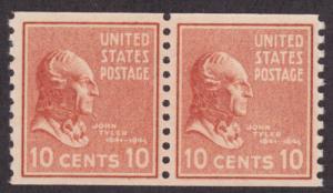 US Sc 847 MNH. 1939 10c John Tyler, Prexie Coil Pair Almost VF