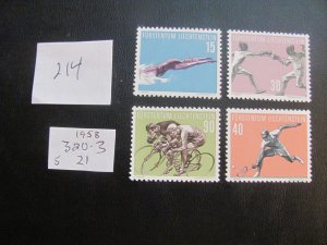 LIECHTENSTEIN 1958 MNH  SC 320-323 SET  XF  $21 (214) NEW COLL.