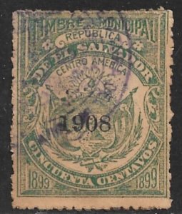 EL SALVADOR 1908 50c ARMS Municipal Revenue Ross M139 VFU