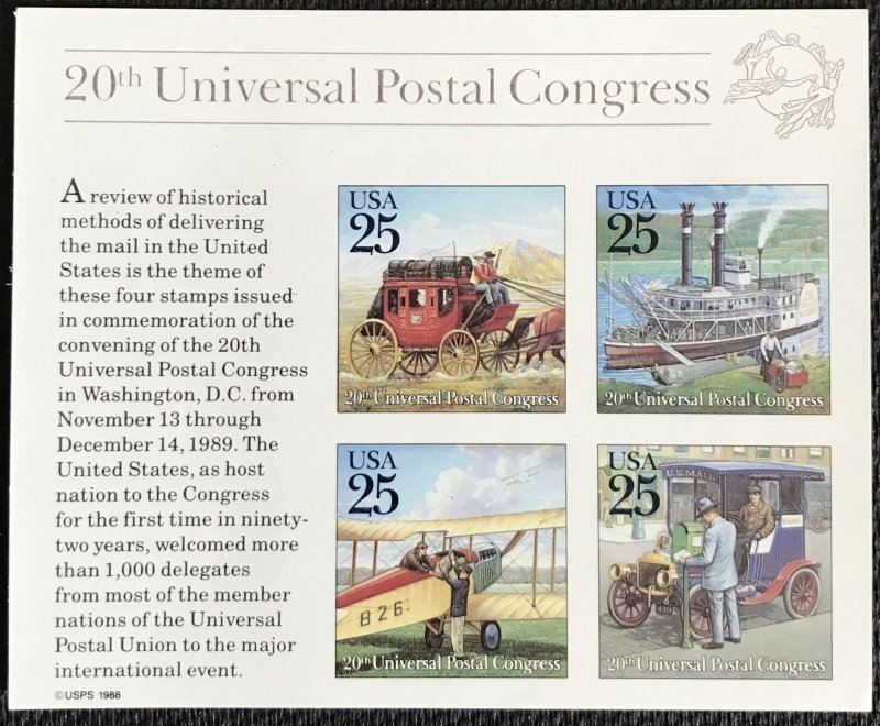 US MNH #2438 Pane of 4 UPU Congress Mail Delivery SCV $5.00 L42