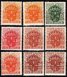 SWEDEN Official 1911/19 State Arms, Wmk Lines Straight and Inverted. 9v, MNH