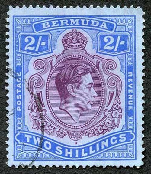 Bermuda SG116b KGVI 2/- Deep Purple & Ultramarine/Grey-blue Line Perf 14.5 CDS 