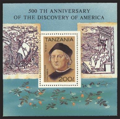 TANZANIA, SHEETLET 500 ANNIV. OF AMERICAS DISCOVERY, NH