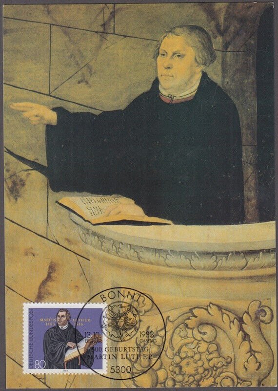 GERMANY Sc #1406 MAXIMUM CARD: MARTIN LUTHER, TRANSLATED OLD TESTAMENT TO GERMAN