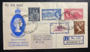 1953 Christchurch New Zealand First Day Cover To USA Queen Elizabeth Coronation