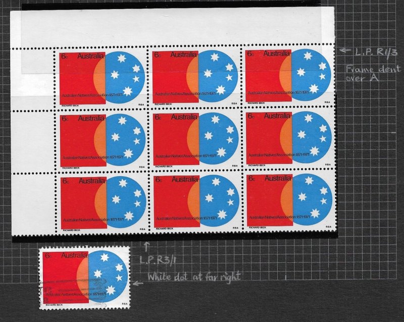 1971 Australia 496 Australian Natives Association MNH block of 9 with flaws