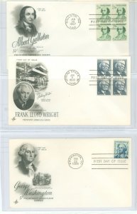 US 1279/1280/1283 1966-67 3 U/A FDCs 2 with blocks of 4, Prominent Americans