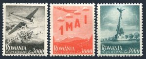 Romania C28-30, MNH. Mi 1062-1054. Air Post 1947. Parachutes. plane, monument.