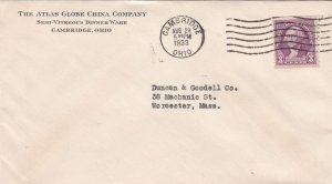 U.S. THE ATLAS GLOBE CHINA COMPANY, Cambridge, Ohio 1933 Stamp Cover Ref 47531