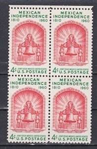 1960 Mexico Mexican Independence Block of 4 4c Stamps, Sc# 1157, MNH, OG