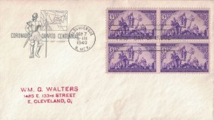 1940 FDC, #898, 3c Coronado Expedition, House of Farnam, block of 4