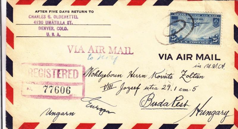 1938, Denver, CO to Budapest, Hungary, Registered, See Remark (27623)