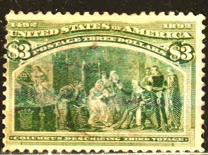 #243 $3.00 YELLOW GREEN-COLUMBIAN EXPO.-USED-N/G-FINE-V/F