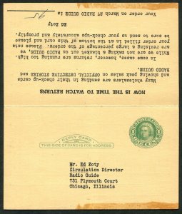 1937 US Reply Postal Card Radio Guide Magazine Chicago Ed Zoty Circulation Notic