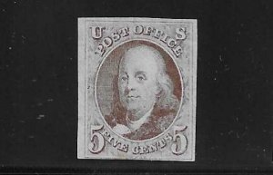 US #1 1847 5 CENTS (BROWN) UNUSED NO GUM (WITH CERTIFICATE)