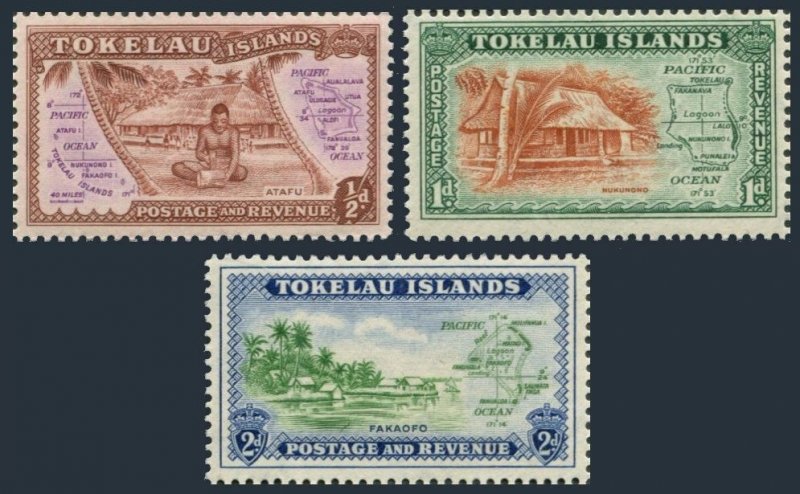 Tokelau 1-3, MNH. Michel 1-3. 1948. Map, Scene on Atafu, Dwelling, Shore line.