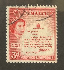 Malta 1956 Scott 252 used - 3d,  QEII & King's Scroll