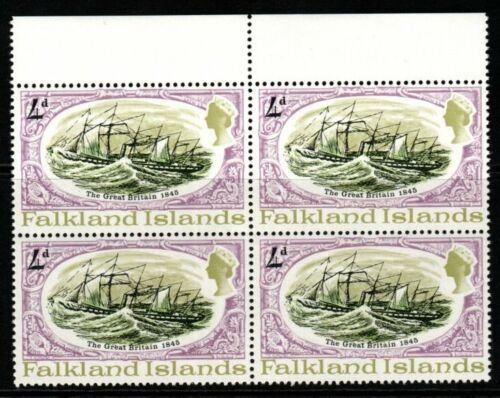 FALKLAND ISLANDS SG259w 1970 4d SS GREAT BRITAIN WMK CROWN TO RIGHT BLK OF 4 MNH 