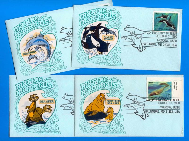 Set of Four Marine Mammals (2508-2511) Aquarium Window FDCs