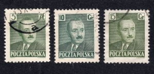 Poland 1950 5z, 10g & 15g Bierut, Scott 478, 491-492 used, value = 75c