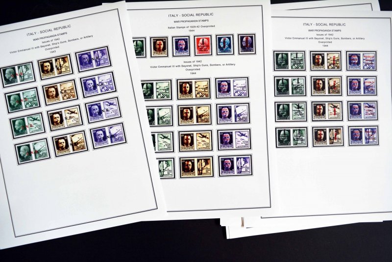 COLOR PRINTED ITALY RSI + AMG 1943-1947 STAMP ALBUM PAGES (18 illustrated pages)