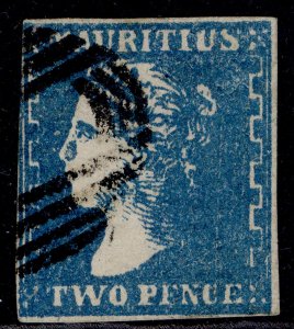 MAURITIUS QV SG43a, 2d blue, FINE USED. Cat £1100.