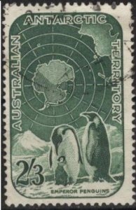 Australian Antarctic Territory L5 (used) 2sh penguins, map, (1957)