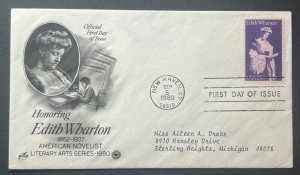 EDITH WHARTON SEP 5 1980 NEW HAVEN CT ARTCRAFT FIRST DAY COVER (FDC)