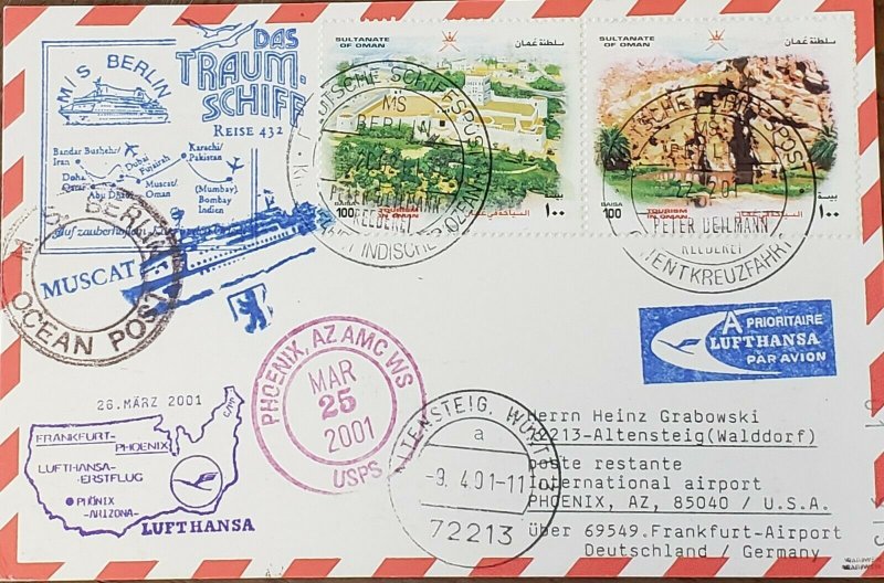 Lufthansa Ocean Mail Card Frankfurt Phoeniz Via OMAN MUSCAT 2001