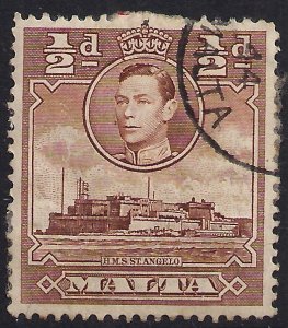 Malta 1943 KGV1 1/2d Red Brown SG 218a used ( R1161 )