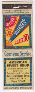 Canada Revenue 1/5¢ Excise Tax Matchbook AMERICAN SWEET SHOP Halifax, N.S.