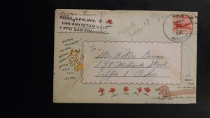 1952 USA Airmail Cover USS Antietam FPO San Francisco to Tuffin OH Drawing Art