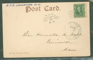 US 300 Postcard, Scott #300 w/red postmark Lancaster, NH Sep 19, 1903 and very faint (unreadable) numeral between the bars.
