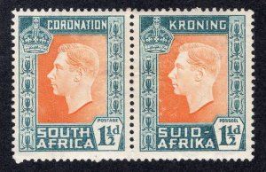 South Africa 1937 1 1/2p Prussian green & orange Coronation Pair, Scott 76 MH