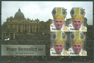 CLOSE OUT TUVALU POPE BENEDICT XVI 5th PAPAL ANNIVERSARY IMPERF SHEET II MINT NH