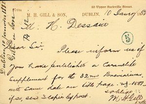 Ireland 1882 1d brown postal card Dublin to Belgium MH Gill and Son Publishe VFU