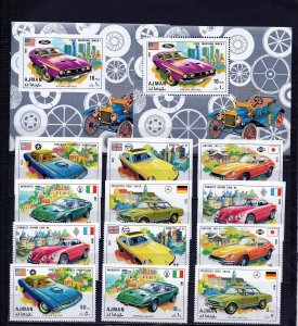 AJMAN 1971 OLD SPORT CARS 2 SETS OF 6 STAMPS & 2 S/S PERF. & IMPERF. MNH