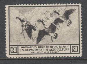 US Sc RW3 used. 1936 $1 Canada Geese, Hunting Permit Stamp, crease