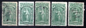 van Dam QL43,45,47,49 & 51 (Green $'s),Used, Quebec Law Revenue Stamp, Canada