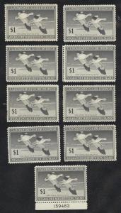 #RW14, Wholesale Lot of 9, Fresh F/VF-OG-NH. Cat $517.5