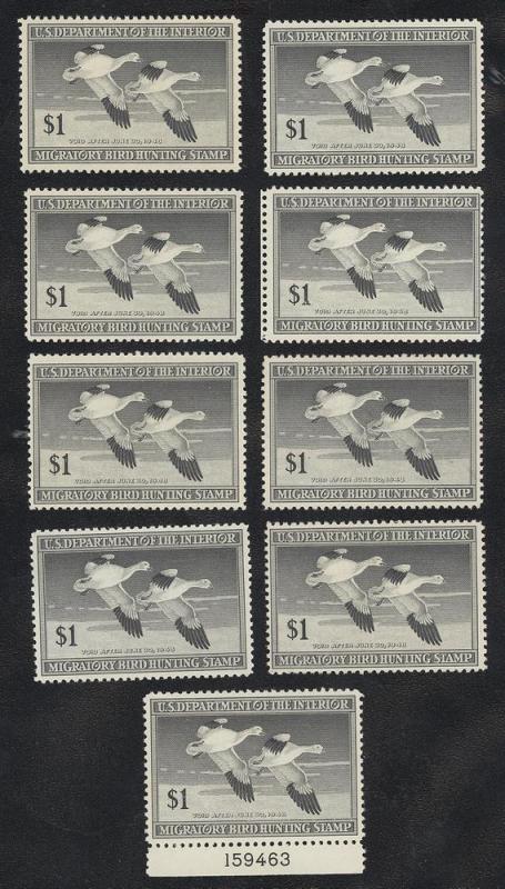 #RW14, Wholesale Lot of 9, Fresh F/VF-OG-NH. Cat $517.5