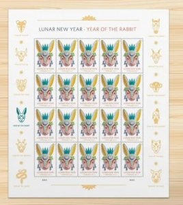 2023 Year of The Rabbit,Forever Stamps 5 Sheets of 20 ， 100 PCS